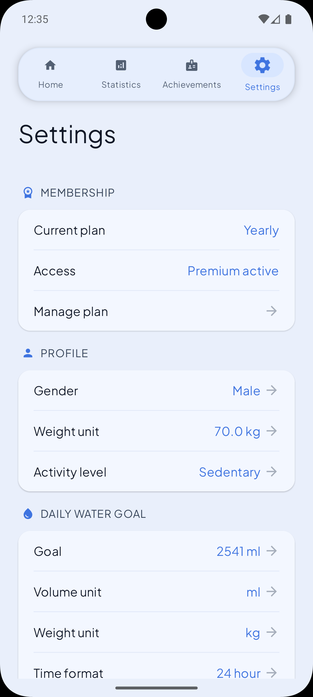 WaterFlow achievements screen with unlocked progress and milestone cards.