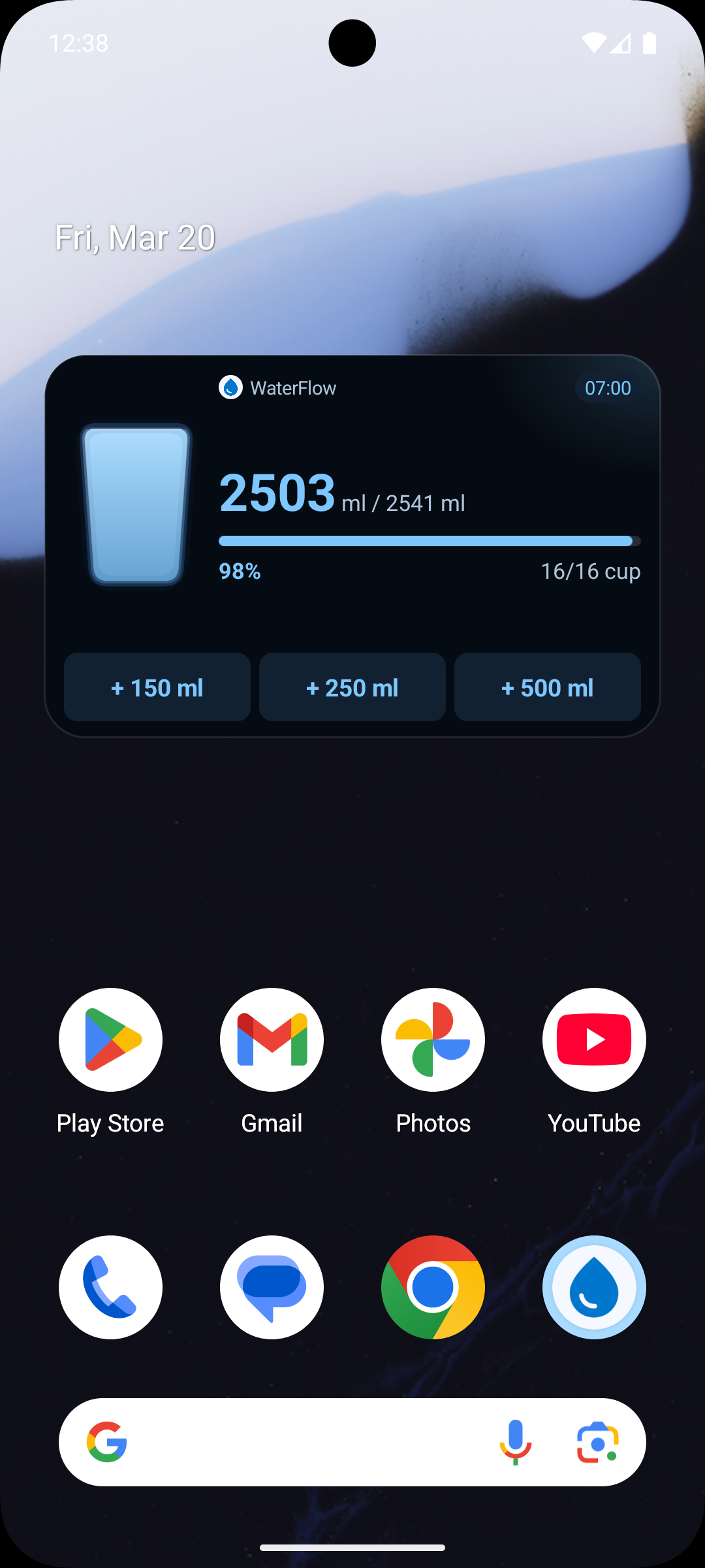 WaterFlow Android home screen widget showing current progress and quick add buttons.