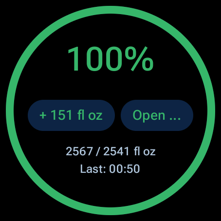 WaterFlow Wear OS screen showing hydration percentage, reminder time, and quick add action.